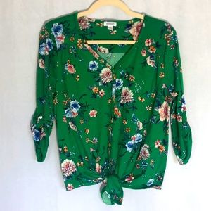 Westport Tie-Up Green Floral 3/4 Gathered Sleeve Button-Front Top